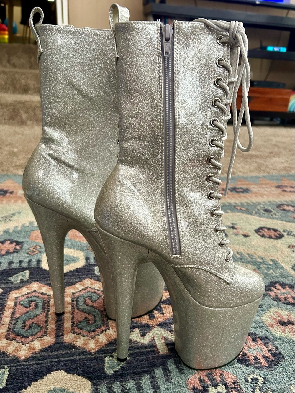 Pleaser Flamingo-2023 Silver Glitter Platform Pole Dance Boots Women’s US 8